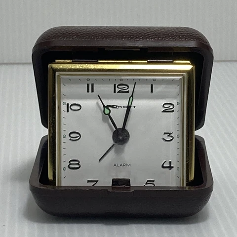 Travel Alarm Clock Fold Up- Wind up in hard case 1950s West Germany Cover