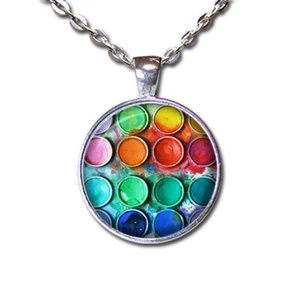 Malerpalette Muster Design Handarbeit Rund Glas Anhänger Halskette Schmuck - Bild 1 von 10