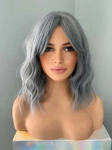 Short Dusk Blue Grey Wave Wig with Bangs, 12 Inch Costume Cosplay Wig - Picture 1 of 9
