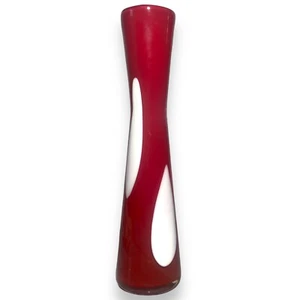 Vintage Single Rose Bud Hand Blown Glass Art Vase Red White 11 in Tall - Picture 1 of 12
