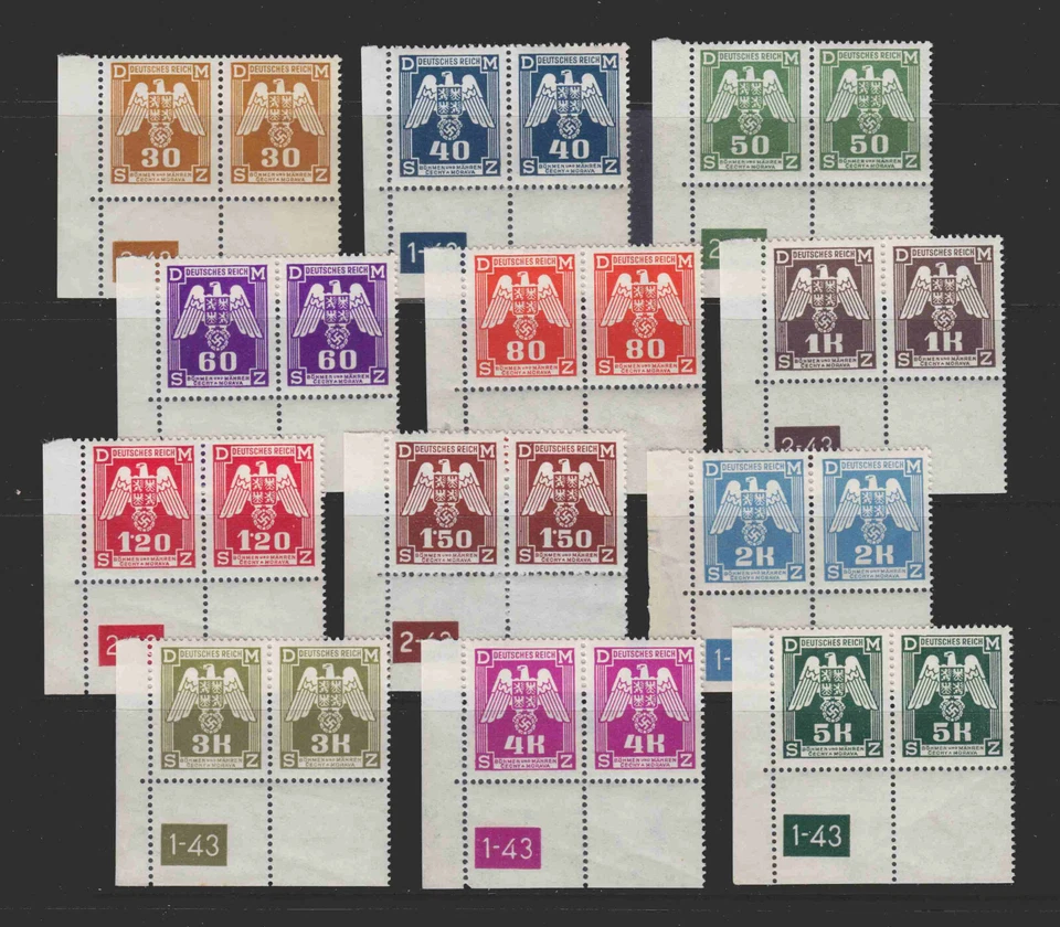 1943 WWII Bohemia & Moravia OFFICIALS PAIRS CORNER IMPRINT SCT.013-024 MI.13-24 - Image 1 of 1