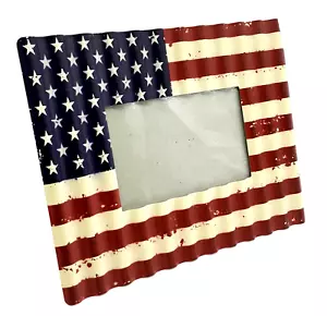 Patriotic Metal American Flag Picture Frame Corrugated Distressed Look Americana - Picture 1 of 6
