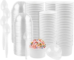 Eis Pappbecher 4 Unzen Einweg Weiß Papier Dessertbecher mit Deckel und Spoo - Bild 1 von 12