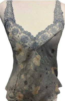 Silkscreen 100% Silk Cami Floral Polka Dots Tank Top Spaghetti Strap Lace SexyM - Image 1 of 4