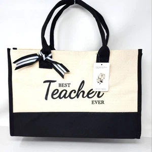 Canvas Tote Bag Best Teacher Gift Cotton Black Cream Teacher Gift Birthday New - Picture 1 of 9