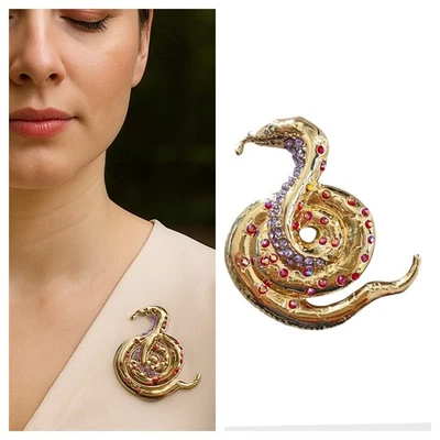 Змея золотистый брошь заколка со стразами кристалл красный фиолетовый акценты заявление - Изображение 1 из 4