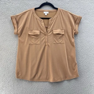 J.Jill Top Damen klein zierlich braun Camp Brusttaschen Schlitz V-Ausschnitt weich Freizeit - Bild 1 von 13