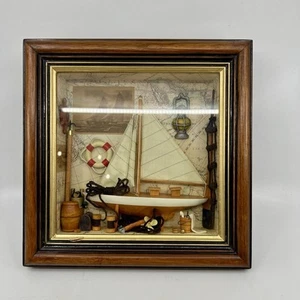 Vintage Sail Boat Sailing Marine Diorama In Wood Case Circa 1980 Hanging 11x14” - Picture 1 of 11