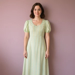 Vintage Kleid Edwardianisches Gänseblümchen Stickerei Handarbeit Puff Babydoll Bridgerton Grün Tee - Bild 1 von 17