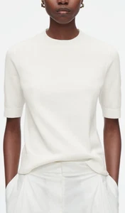 COS Damen Regular Strick T-Shirt Baumwolle gerippter Saum Large weiß minimalistisch Basic - Bild 1 von 14