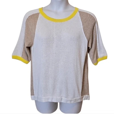 Suéter Anthropologie Field malha floral manga curta tamanho grande colorblock anos 70 - Imagem 1 de 4