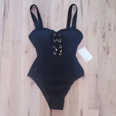 Nuevo con etiquetas Traje de baño Kensie negro acanalado de una pieza Monokini talla pequeña acolchado con cordones Foto 1 de 4