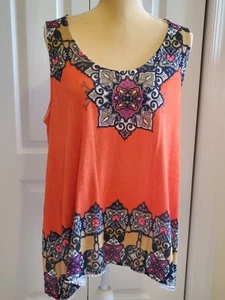 New Directions Womens Tunic Tank Mandalla Orange Blue XL Poly Rayon Crochet Trim - Picture 1 of 7