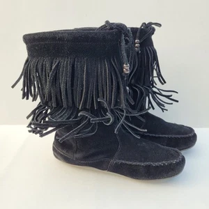 Minnetonka Black Suede Leather 2 Layer Fringe Pull On Boots Wmn's 7.5 Hippie - Picture 1 of 7