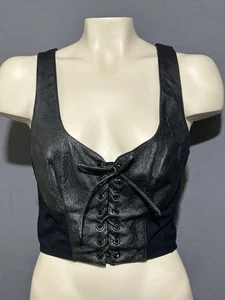 Wilsons Leather Tie Front Vest  X-Small Black Fabric Sides Back Zip Cross Straps - Picture 1 of 7