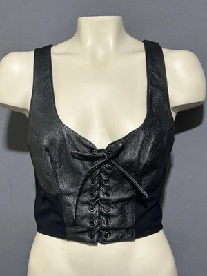 Wilsons Leather Tie Front Vest  X-Small Black Fabric Sides Back Zip Cross Straps - Image 1 of 4
