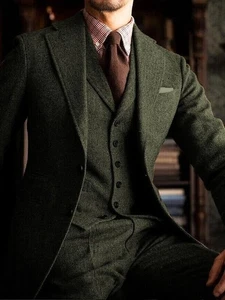 Men's Green Tweed Vintage Retro 3 Piece Prom Groom Tuxedo Wedding Suit Custom - Picture 1 of 9
