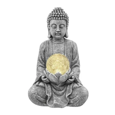 Estatua de Buda Meditando con Luz Solar Jardín Solar Buda con Bola de Vidrio Sc Foto 1 de 4