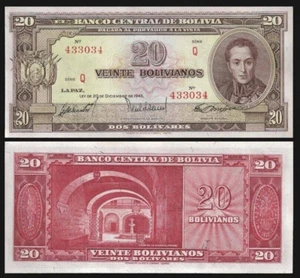 BOLIVIA 20 BOLIVIANOS 1945 UNC CASA DE LA MONEDA,POTOSI,PORTRAIT OF SIMON BOLIVI - Picture 1 of 1