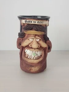 JAC GENOVESE Keramik Becher Stein Ugly Funny Face "BORN TO RIDE!" Großer Becher 7 3/4" - Bild 1 von 9
