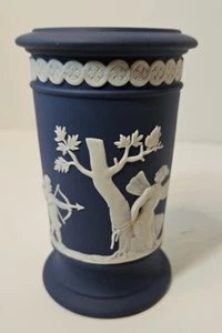 Dark Blue Wedgwood Apollo Cylindrical Vase Cupid & Psyche Jasperware England 5"T - Picture 1 of 9