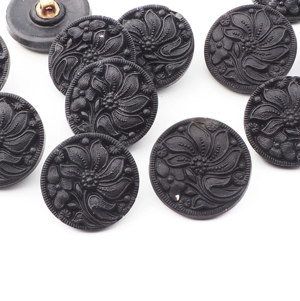 Lot (12) Czech vintage matte black flower glass buttons 18mm - Image 1 of 2