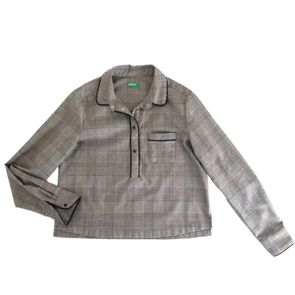 Camisa a presión a cuadros gris manga larga United Colors Of Benetton para mujer talla S/M Foto 1 de 4