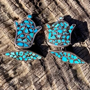 Vintage India Mosaic Turquoise Chip Inlay Silver Cuff Links - Picture 1 of 8