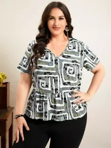 NUOVA camicetta donna taglie forti 2XL collo a V - motivo labirinto e fiori - vita elastica - Foto 1 di 7