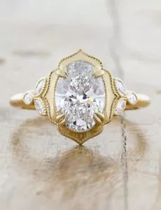 Anillo de compromiso moissanita de corte ovalado Art Deco de 3 quilates oro amarillo sólido de 14 quilates - Imagen 1 de 9