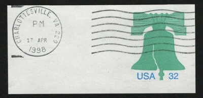 US 1995 #U567 Greenish Blue 32c Liberty Bell Cut Square Charlottesville VA Used - Image 1 of 2