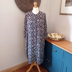 Kin Navy Blue White Geometric Print Shirt Button Grandad Collar Dress 16 Pockets - Picture 1 of 15