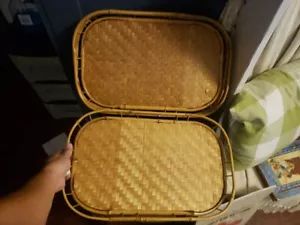 4 VINTAGE BOHO BAMBOO Wicker WOVEN BOTTOM LAP TRAYS 19” PIER 1 Set Lot Serving - Picture 1 of 9