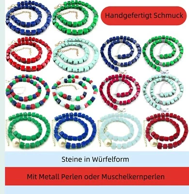 Edelstein Halskette Damen – Rubin Smaragd Saphir Aquamarin Würfelform Collier BB - Bild 1 von 2