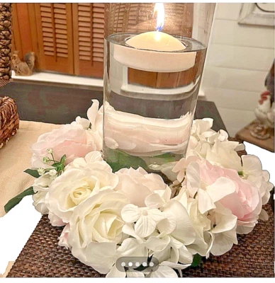 12"X12" BEAUTIFUL FLORAL WREATH / WHITE AND BLUSH PINK ROSES/ WHITE HYDRANGEAS - Image 1 of 2