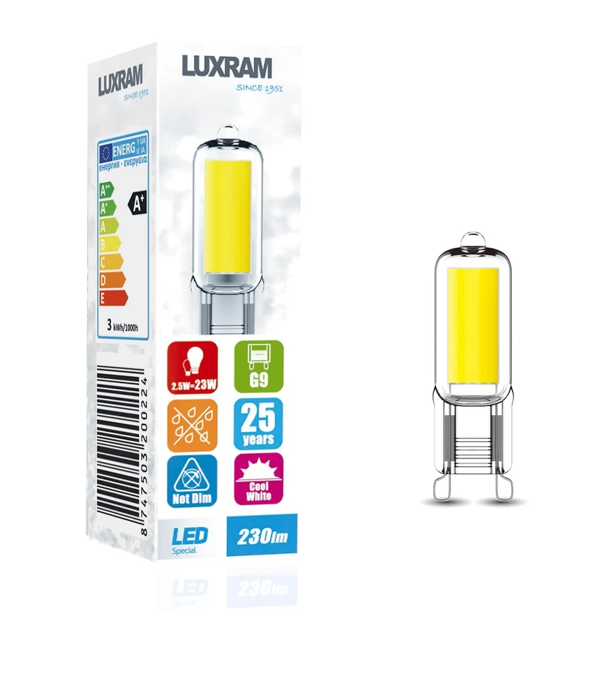 Luxram LED G9 2.5W Glass Filament Capsule, Cool White 4000K (non-dimmable) - Image 1 of 1