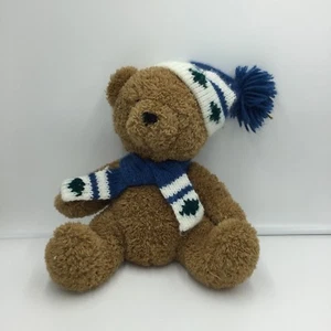 Dan Dee Brown Teddy Bear Plush White Blue Knit Scarf Hat 10" 2009 Dandee - Picture 1 of 4