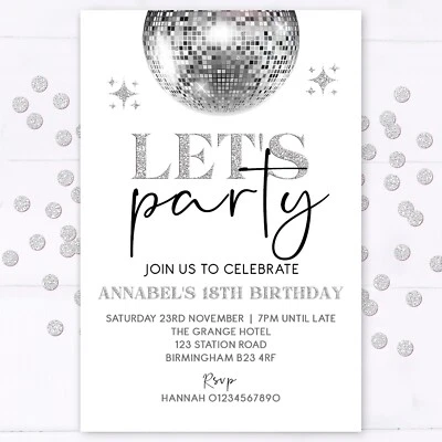Personalised Birthday Party Invitations, Silver, White, 18th 21st 30th 40th 50th