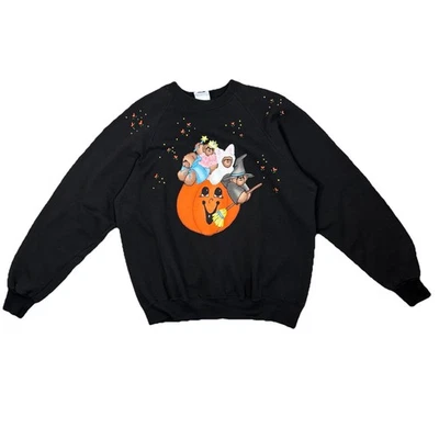 Vintage 80s Halloween Sweatshirt Womens XL Black Spooky Hand Painted Cozy Preppy - Image 1 of 4