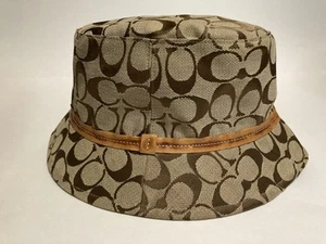 Coach Signature Monogram Jacquard Bucket Hat Khaki Brown Leather Trim Size M/L - Picture 1 of 15