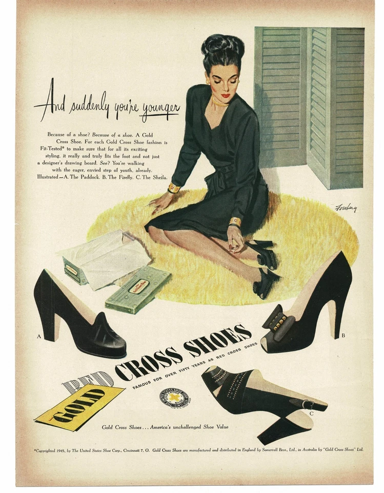 Zapatos cruzados dorados 1946 para mujer tacón alto Paddock Firefly Sheila anuncio impreso vintage Foto 1 de 1