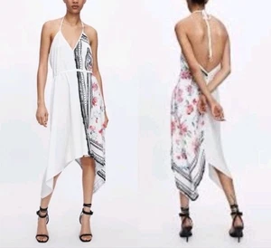 ZARA kombiniertes asymmetrisches Neckholder V-Ausschnitt Kleid Rosenmuster schwarz/weiß/rot Gr. S - Bild 1 von 10