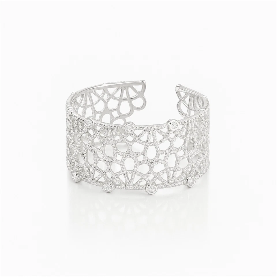 Argento Sterling Zirconia Cubica Filigrana Pizzo Floreale Aperto Fedina - Immagine 1 di 4