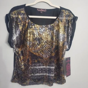 Top de lentejuelas casi famoso para mujer negro dorado y plateado frente transparente fiesta talla M nuevo con etiquetas - Imagen 1 de 12