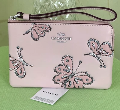 MUÑEQUERA COACH ESQUINA CREMALLERA CUERO CON ESTAMPADO DE MARIPOSA BRILLANTE: NUEVA CON ETIQUETAS CCJ72 Foto 1 de 4
