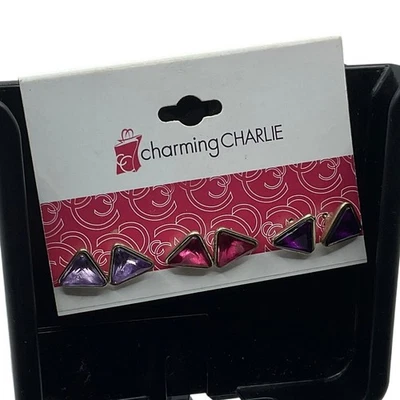 Прелестно Charlie женщин треугольник драгоценных камней серьги-гвоздики розовый фиолетовый золотой тон - Изображение 1 из 2