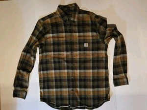 MEDIUM Carhartt RELAXED Fit Flannel 100% Cotton LS Shirt Mens GREEN BROWN PLAID - Picture 1 of 5