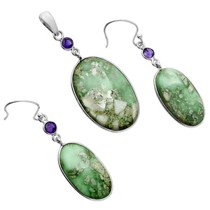 Premium Quality Utah Variscite & Amethyst 925 Silver Pendant Earrings Set T-1010 - Picture 1 of 5