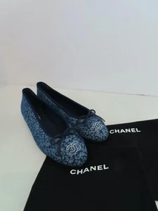 NWOB CHANEL Blue/White Camellia Floral/Cap Toe/Bow Ballet Flats 38.5/US 8.5 - Picture 1 of 13