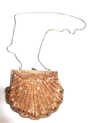 Clam Shell Bronze Beaded Evening Handbag Long Gold tone Chain Satin Lined. - Image 1 of 4